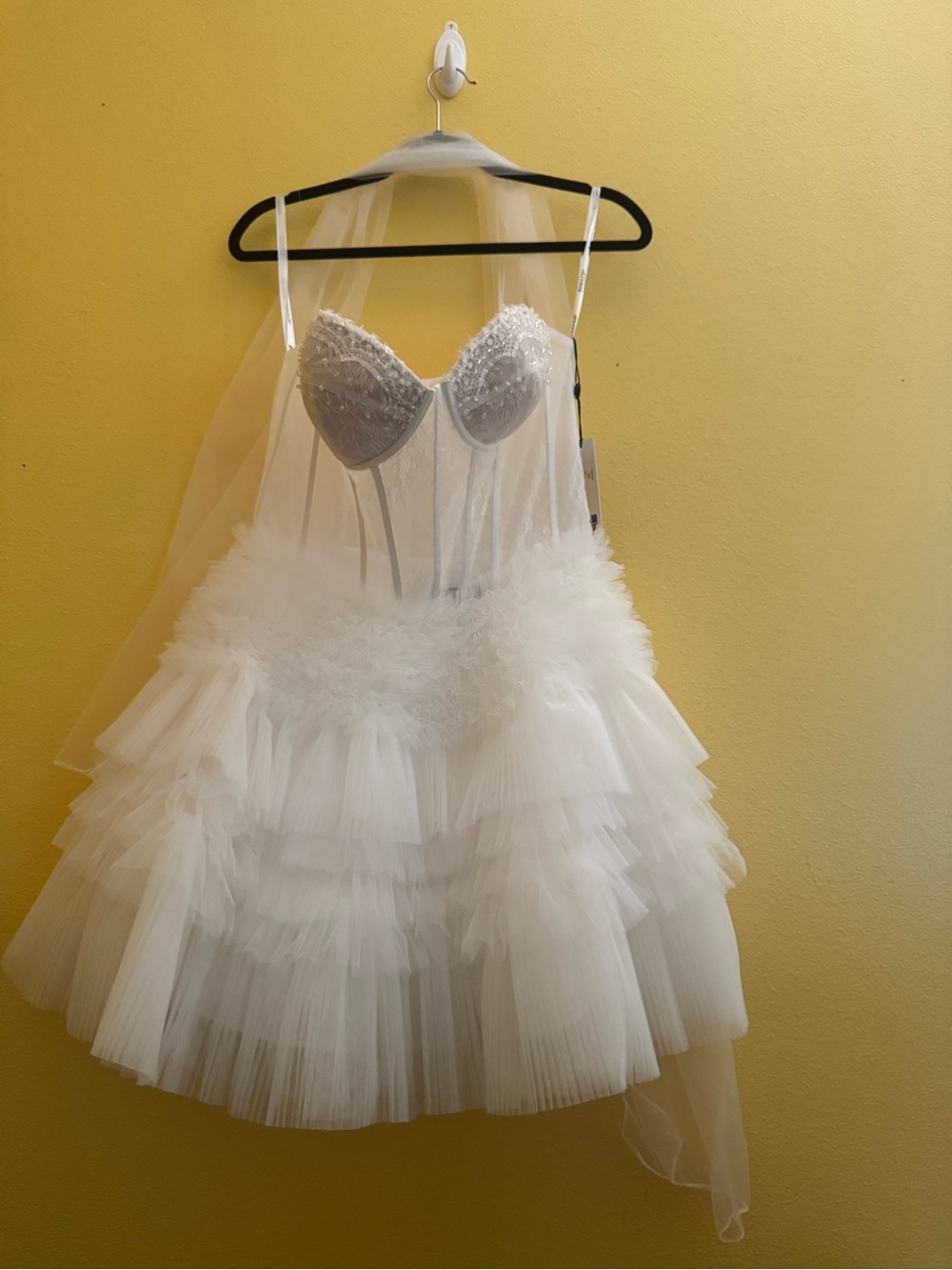 Jovani White Strapless Lace Corset Tulle mini bridal Dress - Picture 2 of 5